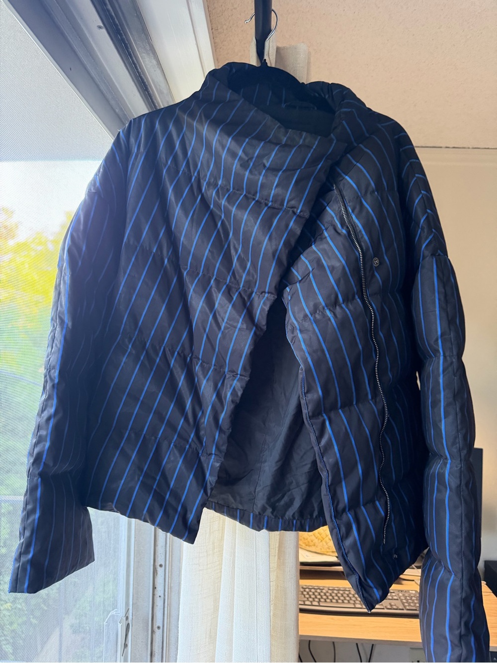 Theory Black Quilted Jacket with Blue Pinstripes